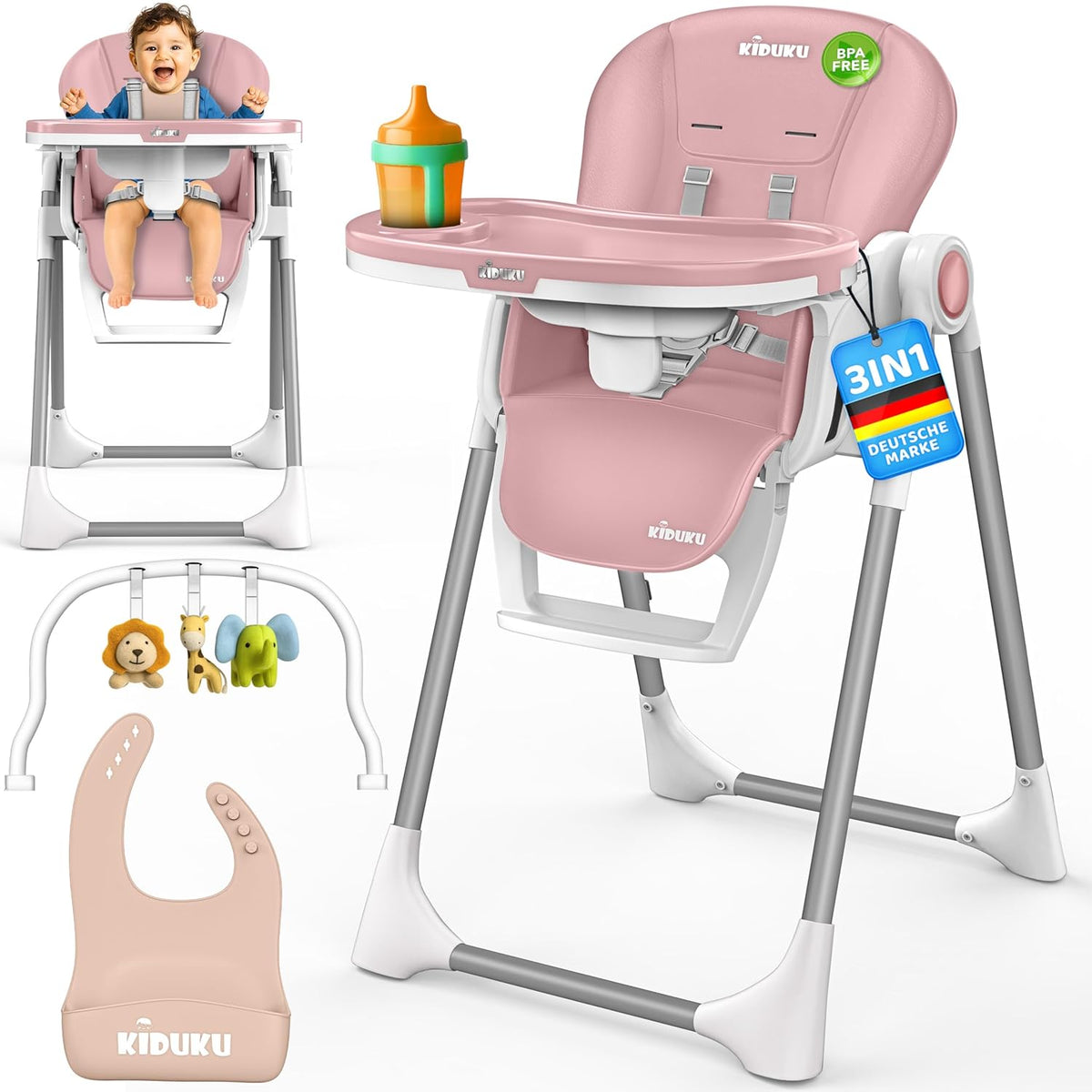 Kinderstoel - Babystoel - Verstelbaar - 0-36 maanden - Roze - KIDUKU