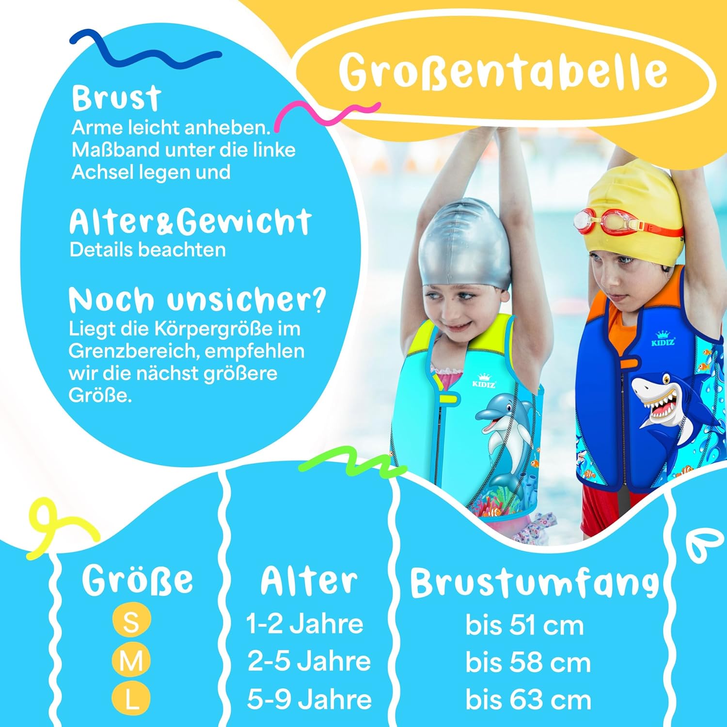 KIDIZ® Zwemvest voor kinderen, maat L, 5-9 jaar, zwemhulp voor jongens en meisjes, zwemvest voor baby's en peuters, zwemvest met klittenbandsluiting, zwemvest van neopreen met waterpistool,