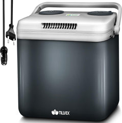 tillvex Koelbox, elektrisch, 32 liter, mini-koelkast 230 V en 12 V, voor auto, camping, koelt en verwarmt, eco-modus, grijs