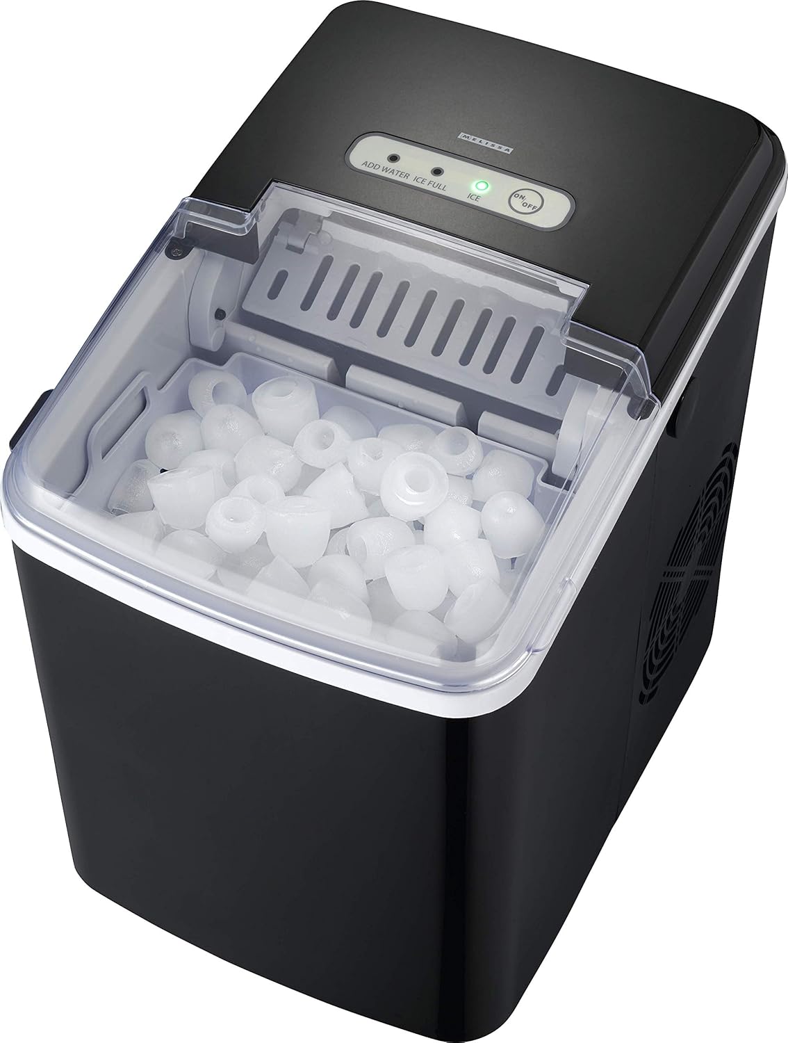 Melissa 16620019 ijsblokjesmachine, 9 ijsblokjes in 9 minuten productietijd, 1,85 liter, lcd-display, zelfreinigende functie, ijsblokjesmaker, stille ijsmaker zonder wateraansluiting
