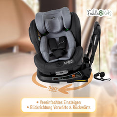 FableKids Kinderautostoel met Isofix, 360 graden draaibaar, autokinderzitje, autostoeltje, i-size 40-150 cm, 5-punts veiligheidsgordel, 8-voudig instelbare hoofdsteun, ECE R129/03, grijs