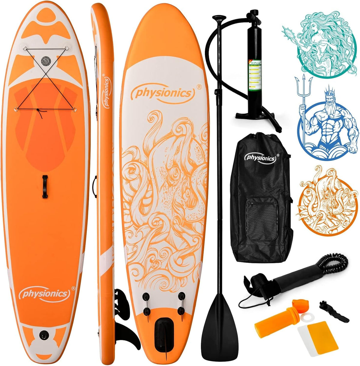 Physionics® Stand Up Paddle Board - 320 cm Aufblasbar, Verstellbares Paddel, Handpumpe mit Druckmesser, Rucksack, Reparaturset, Farbwahl - SUP, Paddling Board, Surfboard