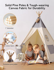 besrey Tipi-tent voor kinderen, tippi-kindertent, kindertent voor binnen en buiten | Speeltent van katoen + lichten + grijze mat