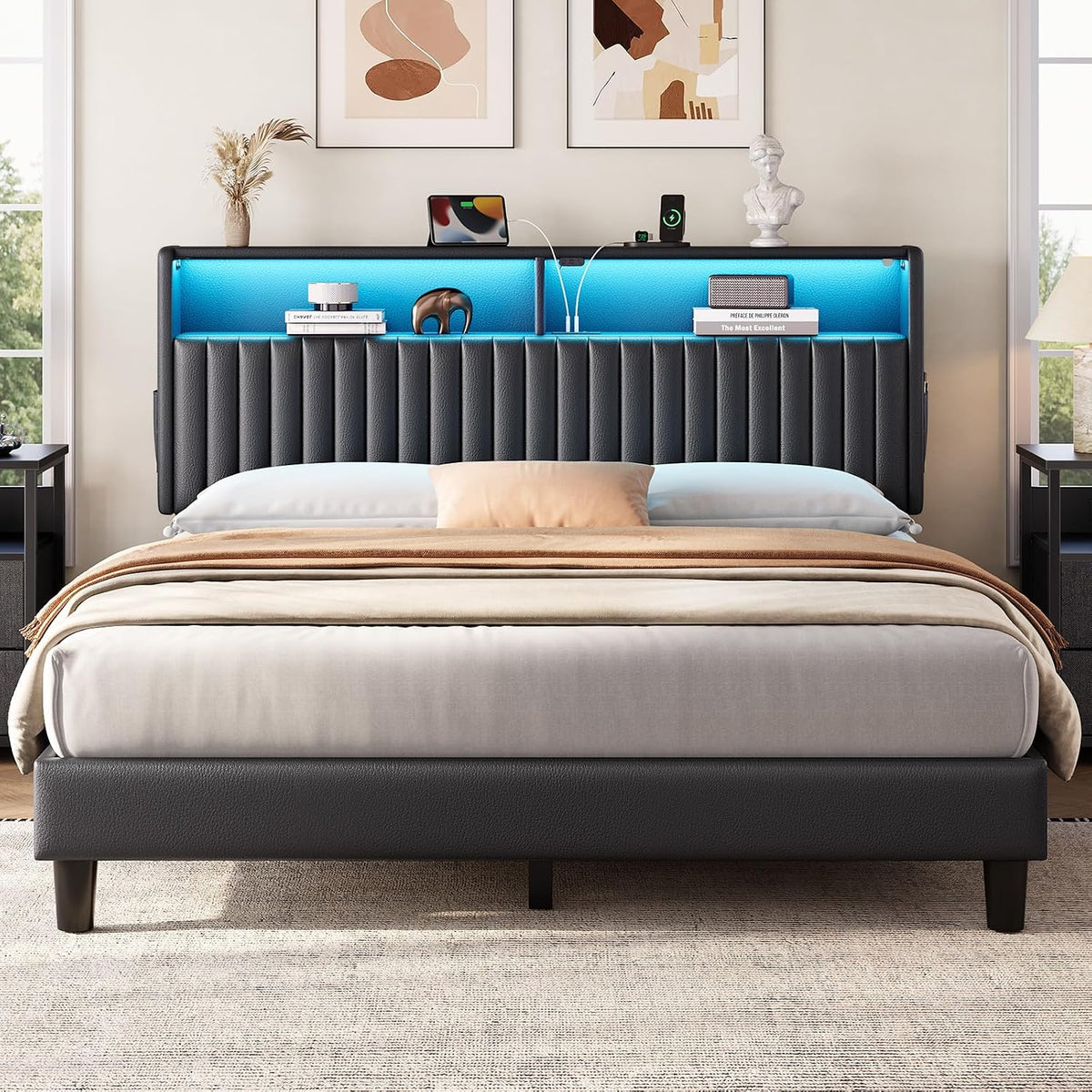 Rolanstar Bed met led, 140 x 200 cm, bedframe met laadstation (2 USB & 1 Type-C), gestoffeerde kop met rek met twee verdiepingen en 2 zijvakken, metalen bed voor slaapkamer, logeerkamer (zwart)