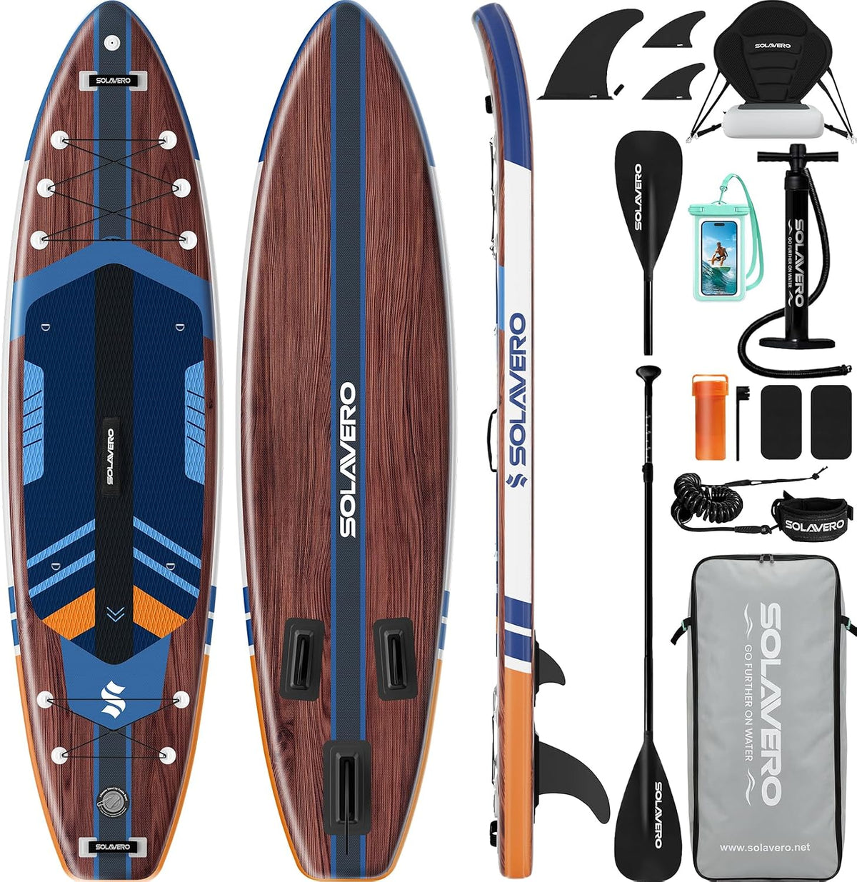 SOLAVERO Opblaasbaar stand-up paddleboard van 3,5 meter met zitje en accessoireset, 2-in-1 SUP, 250 kg, antislip EVA-dek, 14 D-ringen, camerabevestiging, geschikt voor alle niveaus voor meren en zee, visboard •