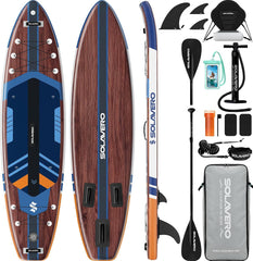 SOLAVERO Opblaasbaar stand-up paddleboard van 3,5 meter met zitje en accessoireset, 2-in-1 SUP, 250 kg, antislip EVA-dek, 14 D-ringen, camerabevestiging, geschikt voor alle niveaus voor meren en zee, visboard •