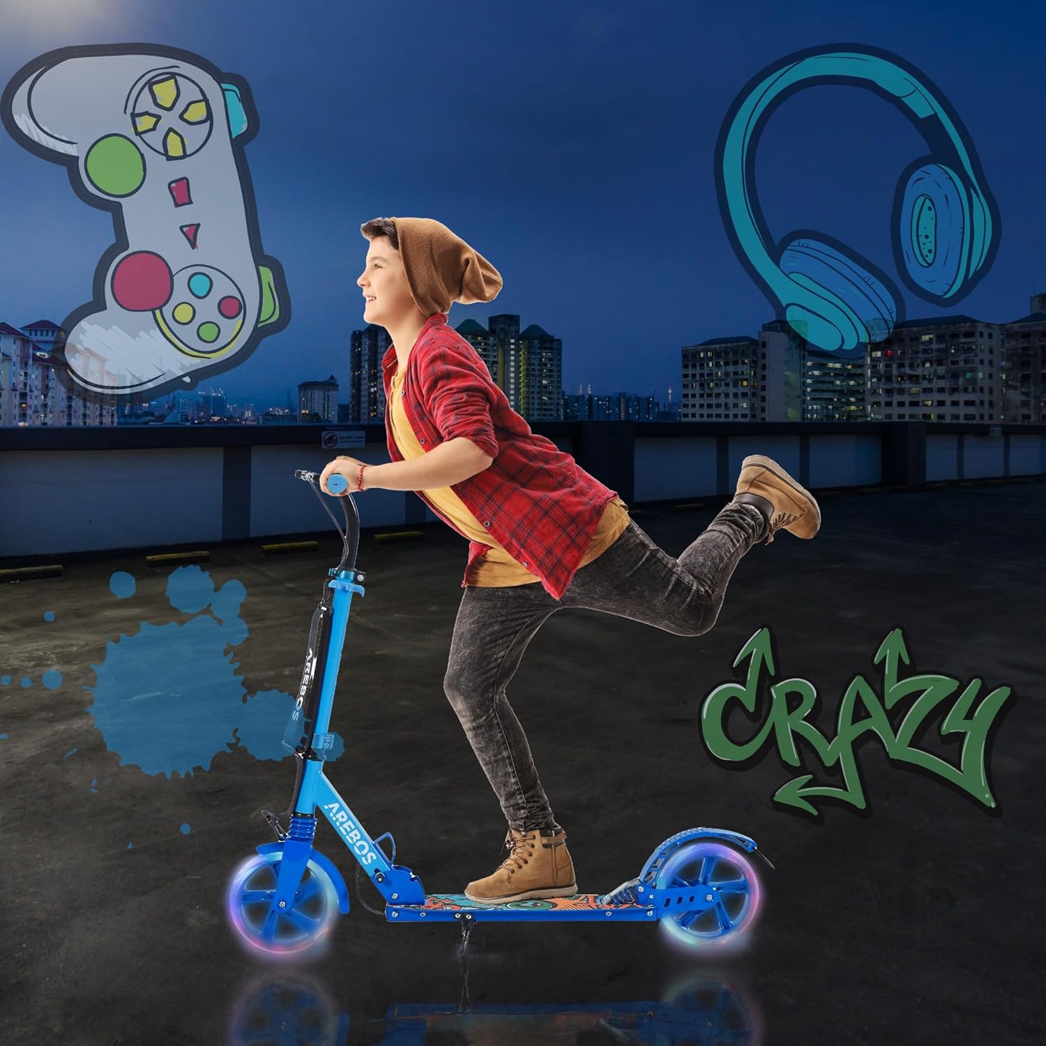 Kinderstep - LED Wielen - Verstelbaar - Vouwbaar - Blauw - Arebos