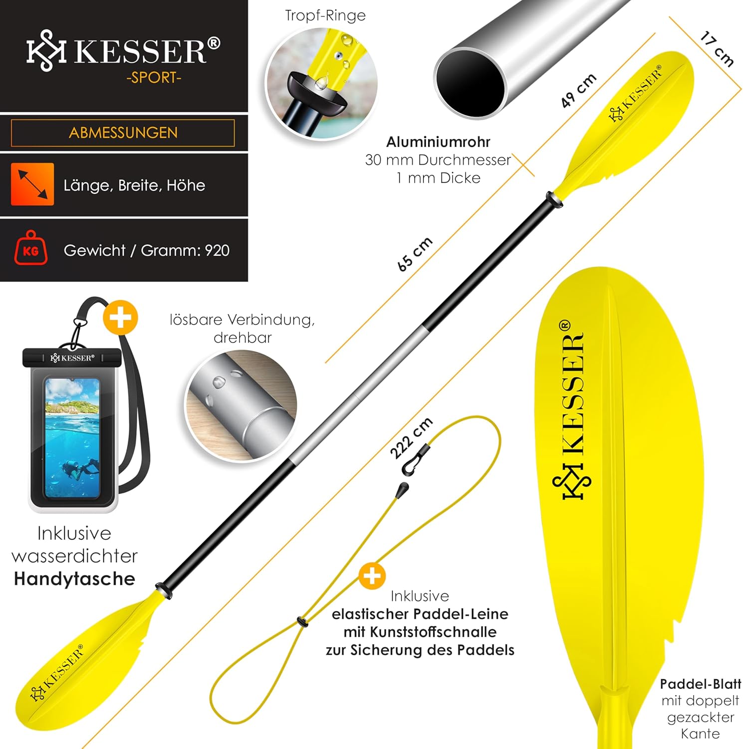 KESSER® Kajak Peddel - Roeispaan - Verstelbaar - Geel