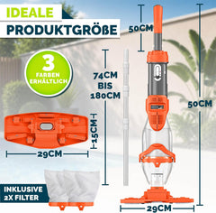 tillvex Zwembadzuiger met accu en telescoopstang tot 15 m³, elektrische zwembadreiniger met 2 filters, 60 minuten looptijd en turbomodus, handstofzuiger, reinigingsset, draadloos (oranje/antraciet) •