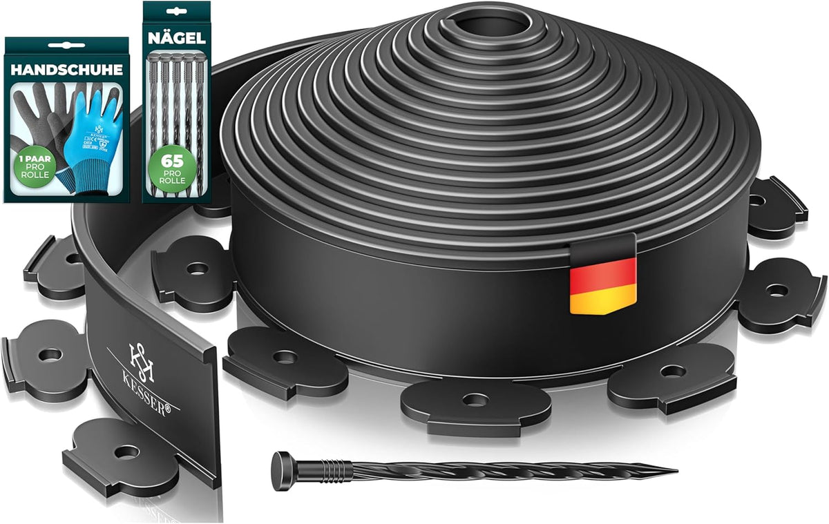 KESSER® Flexibele gazonrand van kunststof, lengte 10 m, hoogte 5 cm, met 65 grondankers + 1 paar handschoenen, borderrand, bloembegrenzing, maaikant, bestratingstenen, palissade - zwart
