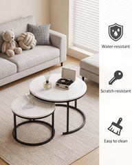 AMVEYA Salontafel, rond, wit, set van 2, woonkamertafel, rond, wit, salontafel met wit marmereffect, bijzettafels voor de woonkamer met zwart frame