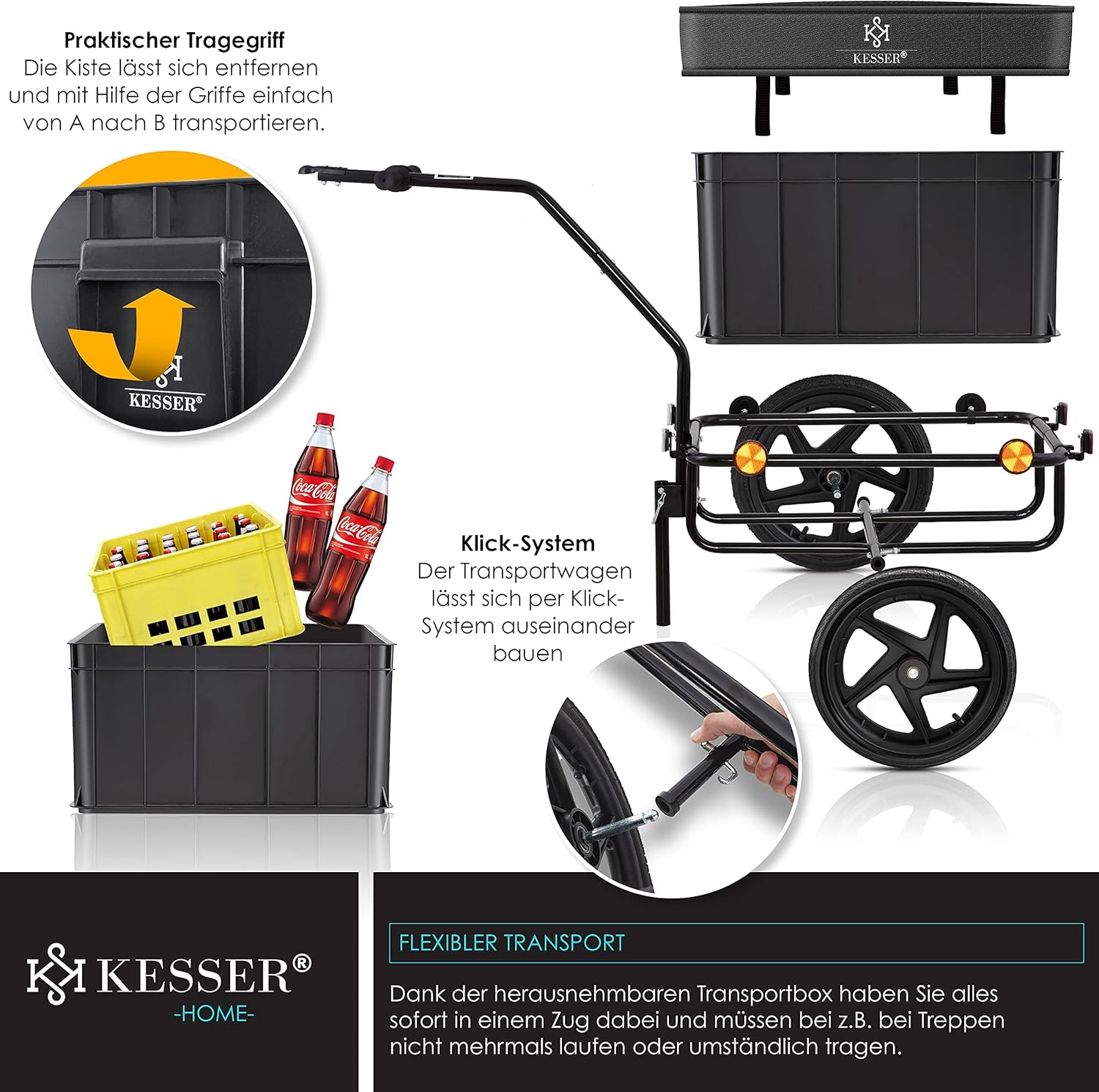 KESSER® Fietsaanhanger - Transportaanhanger - Max. 60kg - Zwart