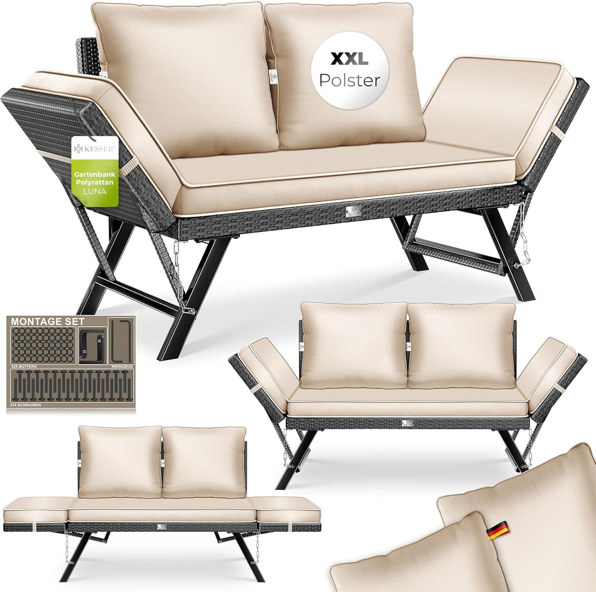 KESSER® Luna Tuinbank, polyrotan, met ligfunctie, 4-in-1 verstelfunctie, weerbestendig, balkonbank, verstelbare armleuningen, extra dikke en zachte bekleding, voor tuin/balkon/terras