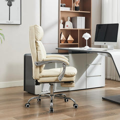 UEV Zachte Ergonomische Stoel met Voetsteun, Stoel van PU-leer combineert comfort en functionaliteit, Relaxfauteuil met Dik Kussen, 63 x 61,5 x (115-124) cm, Beige