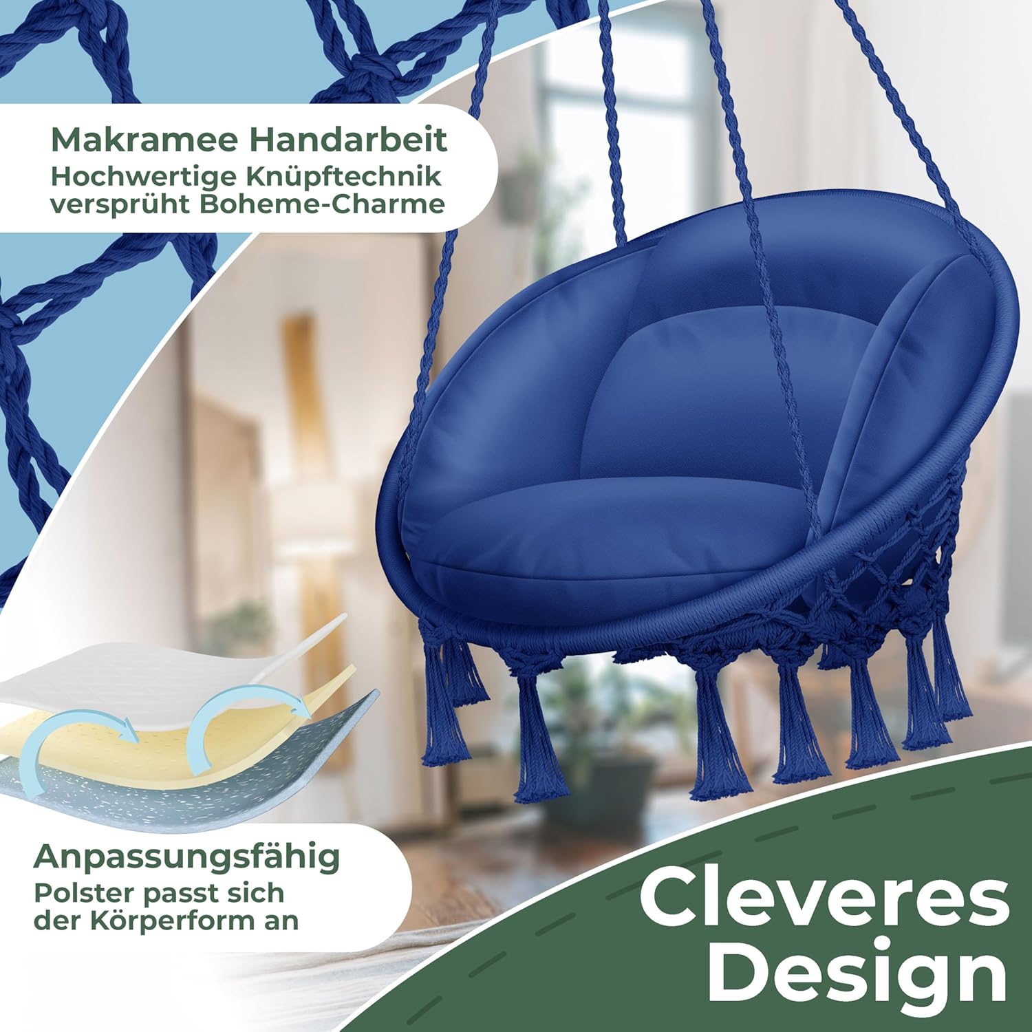 Hangstoel - Binnen & Buiten - Hangschommel - Tot 150kg - Blauw - KESSER®