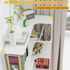 Boekenkast, hoekboekenkast met 5 niveaus, staand rek, kantoorplank, vrijstaand decoratief rek, voor presentatie, ruimteverdeler voor woonkamer, slaapkamer, kantoor, wit, 90 x 48 x 169 cm