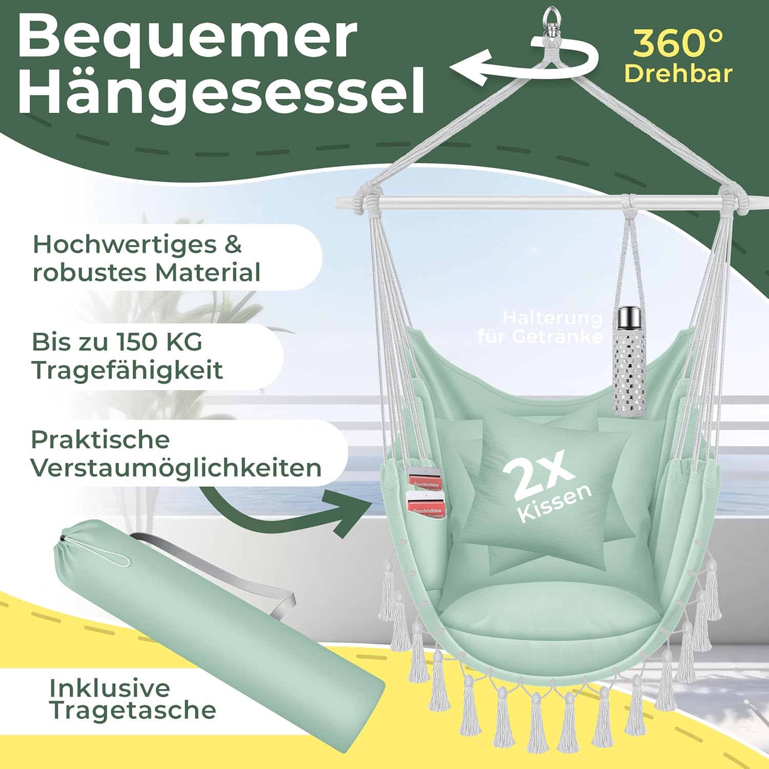 KESSER® Hangstoel Safari XXL Hangstoel voor Volwassenen en Kinderen Hangmat tot 150 kg Hangstoel Ophanging Indoor Outdoor Wonen Incl. draagtas, 2 kussens, bekerhouder & Boekenvak, Lichtgroen