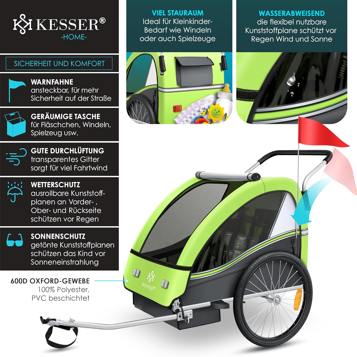 KESSER® Fietsaanhanger - Kinderaanhanger - Max. 40kg - Groen