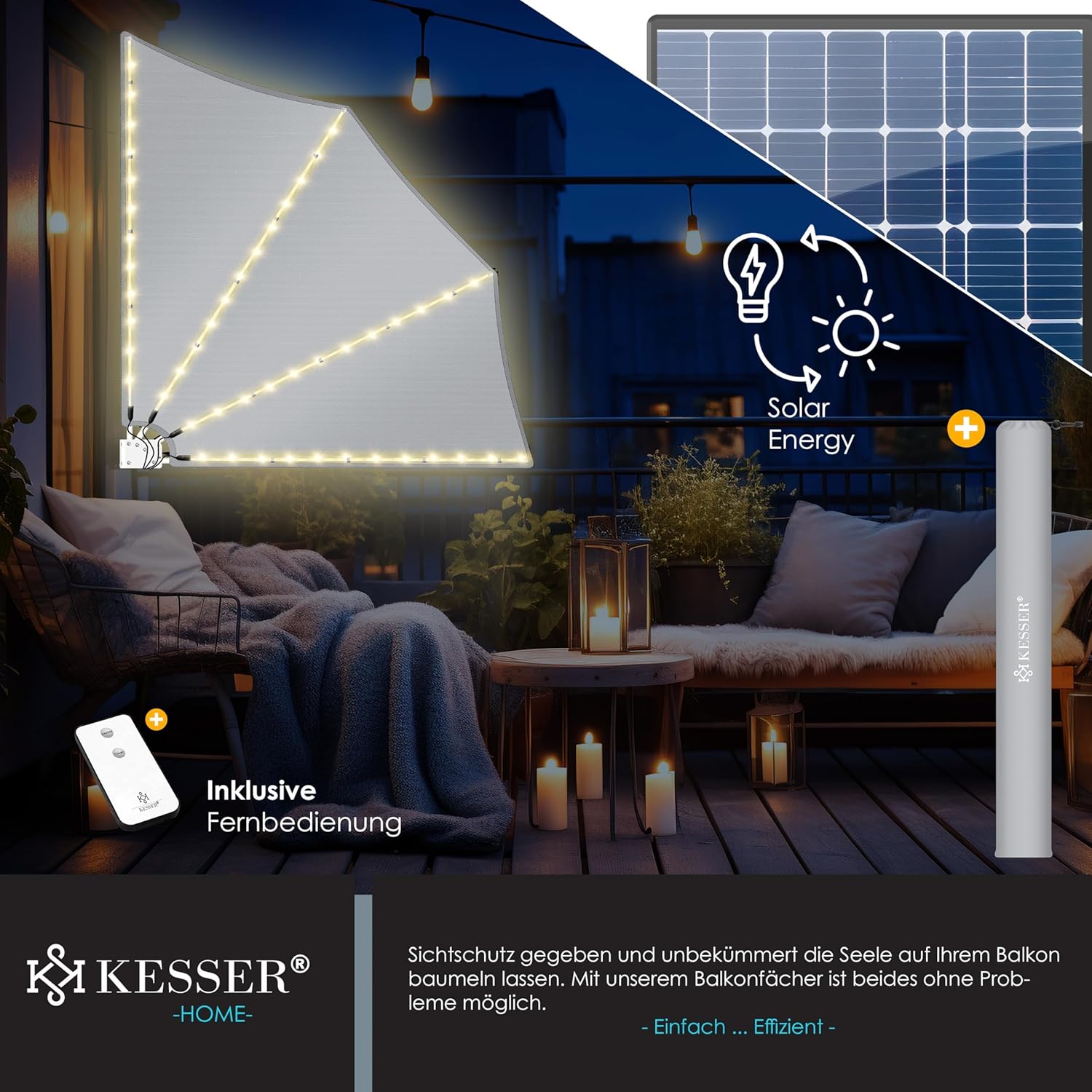 KESSER® opvouwbaar balkonscherm - LED - 140x140cm - Lichtgrijs