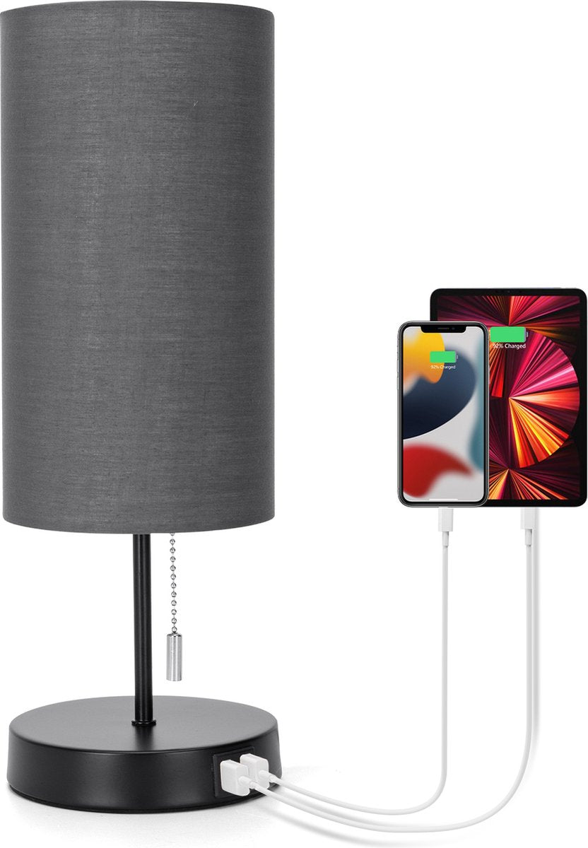 Aigostar 13AS3 - Bureaulamp - 2 USB Oplaadpoorten - Tafellamp - Nachtlampje - Met lampenkap - E27 fitting - Grijs - excl. lichtbron •