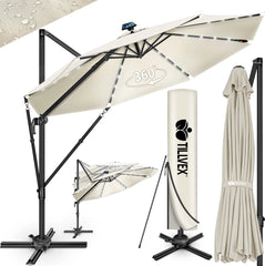 tillvex® Premium Aluminium Parasol Ø300 cm Beige + Hoes & Windbescherming | Zweefparasol, 6-voudig verstelbaar met slinger | Tuinparasol, 360° draaibaar, kantelbaar | Parasol met slinger, UV50+, Groot, Waterdicht