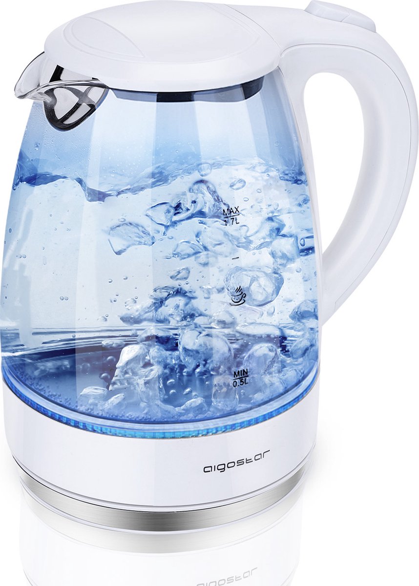 Aigostar Eve 30GON - Glazen Waterkoker met LED - 1,7L - 360° draaibaar - Blauw LED verlichting - 2200W - Wit