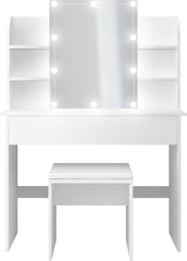 MIADOMODO® kaptafel, verlichting, kruk, spiegel, cosmetica tafel, wit •
