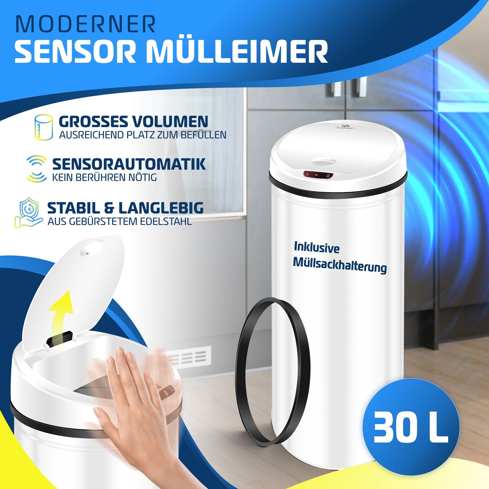 KESSER® Automatische sensor-prullenbak Afvalbak RVS Prullenbak 30L