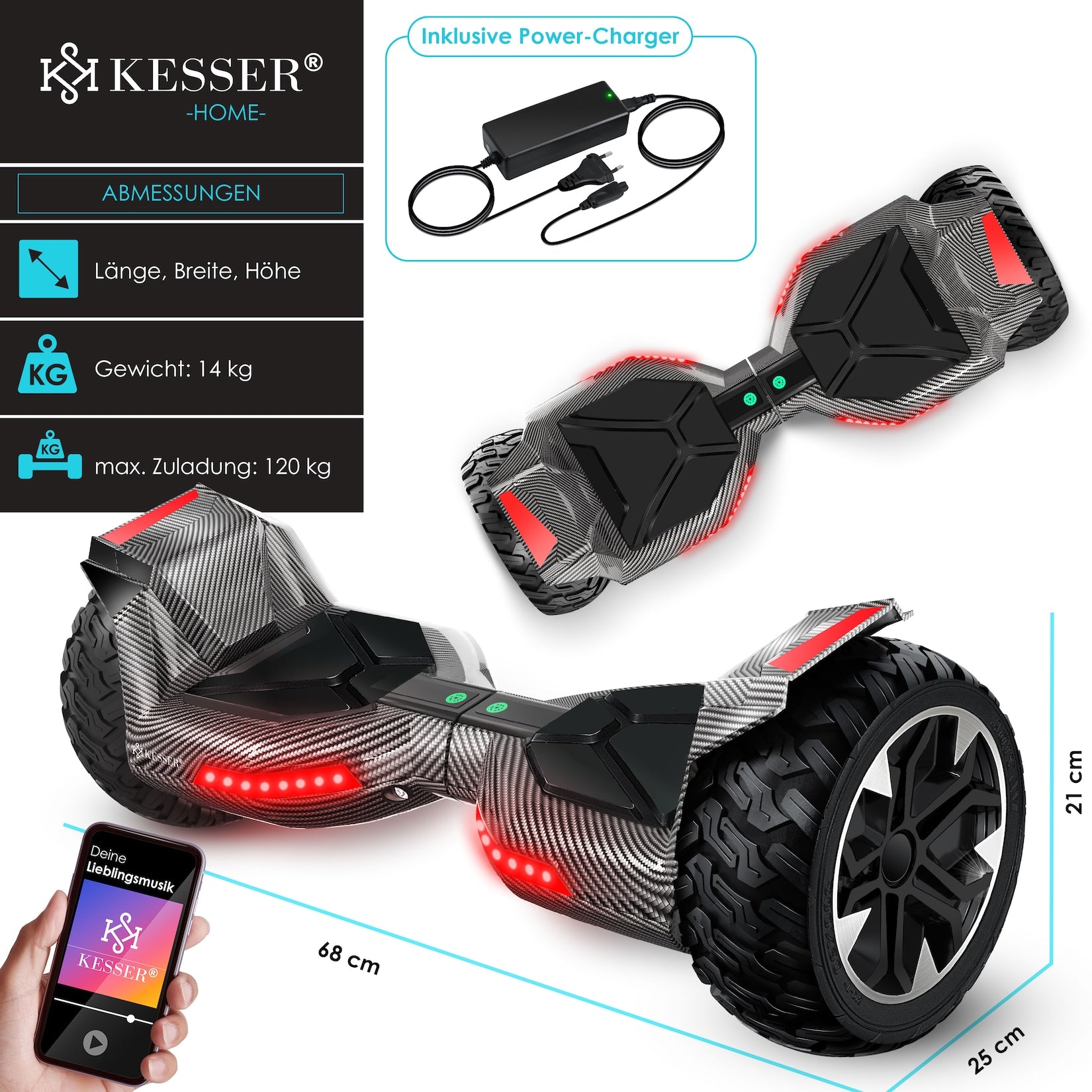 KESSER® Hoverboard - 800 Watt - Bluetooth-luidspreker - LED