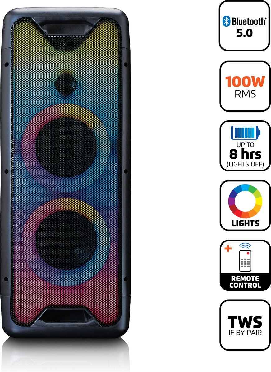 Lenco PA-200BK - Bluetooth Party Speaker Draadloos - LED Licht - Zwart •