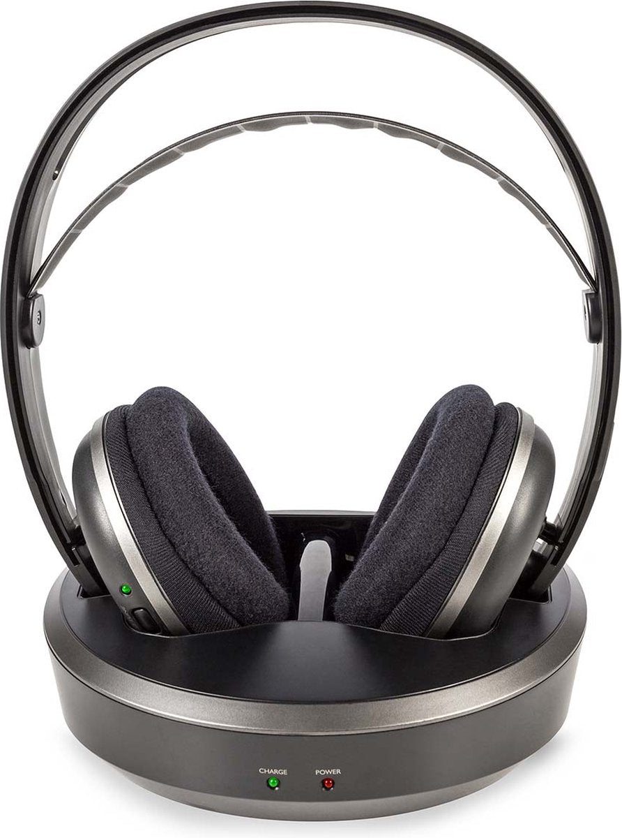 Nedis Draadloze TV-Koptelefoon – Over-Ear – RF – 100 m – 11 uur Batterij – Laadstation – Zilver •