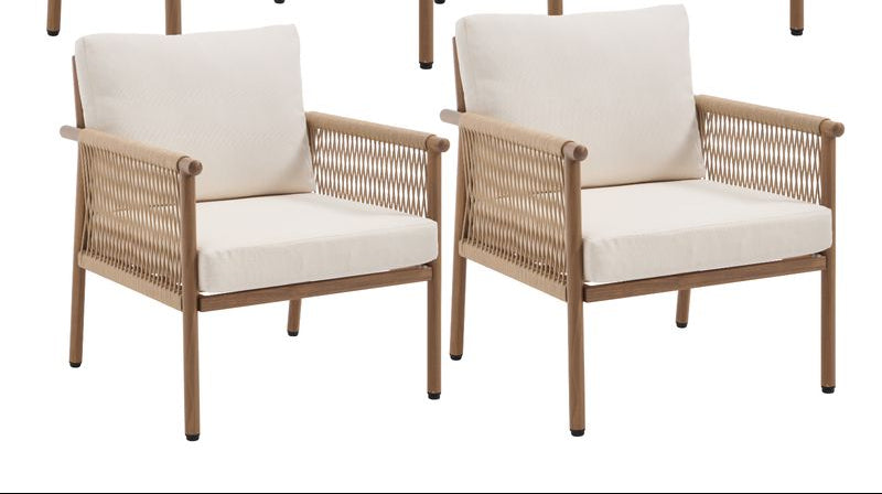 Wahson Set van 2 tuinstoelen met gevlochten touwrugleuning, buitenfauteuils met metalen frame, buitenstoel voor terras, binnenplaats, balkon, Beige