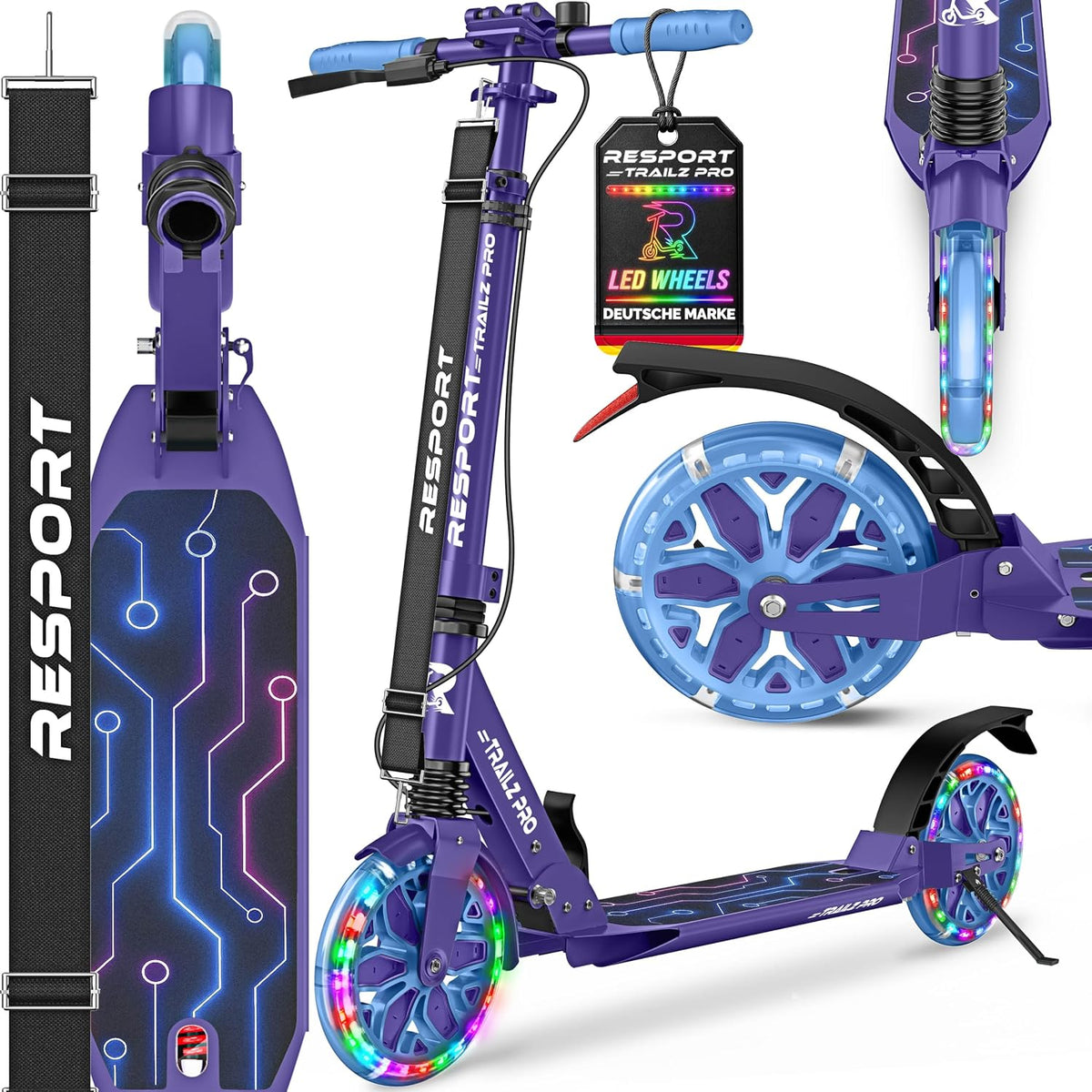 RE:SPORT® Citystep voor kinderen en volwassenen met led, bel en draagriem, Kickscooter step incl. handrem & dubbele vering, paars