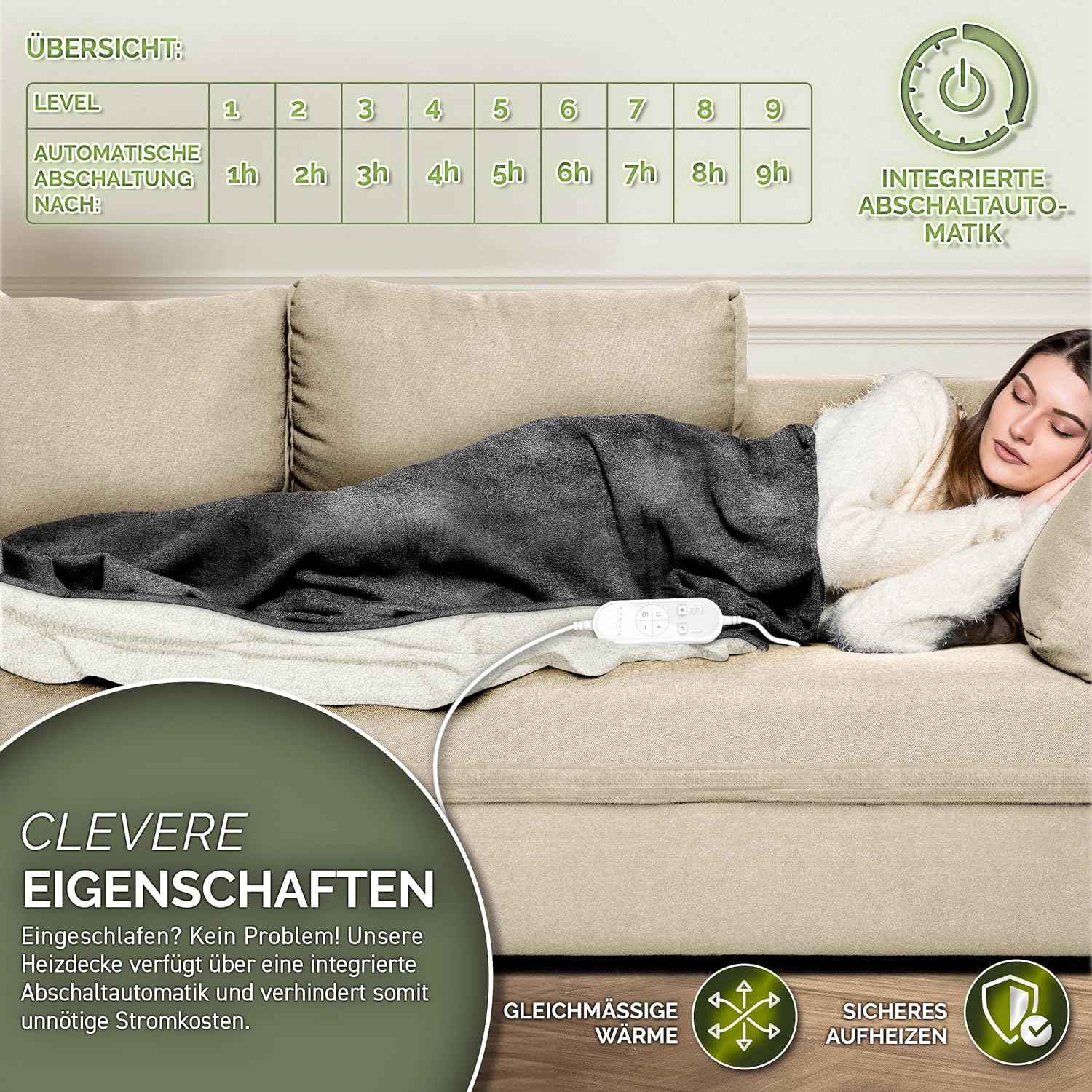 sinnlein® Elektrische deken met automatische uitschakeling, 200 x 180 cm, elektrische warmtedeken met 9 temperatuurniveaus, knuffeldeken, wasbaar, bed, bank, elektrische deken, met