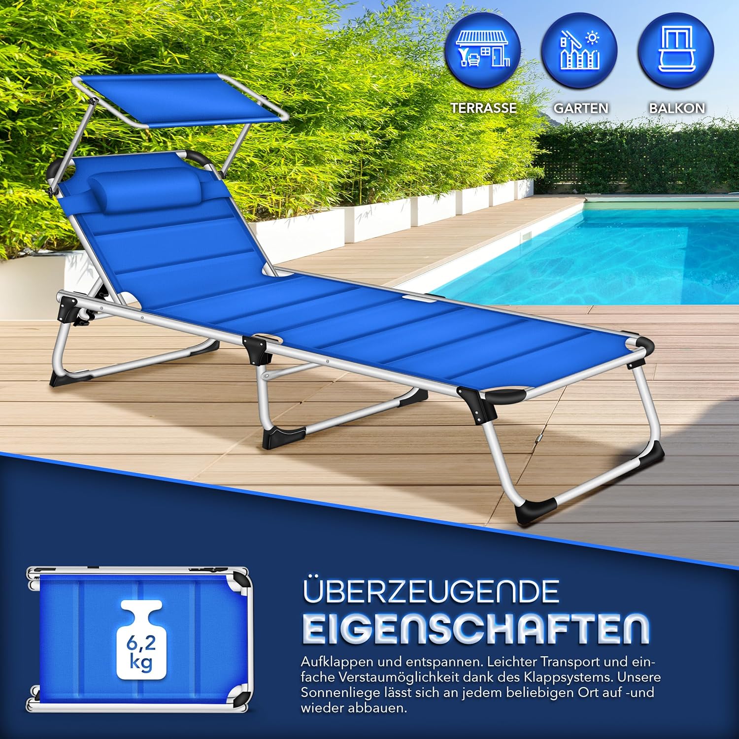 Ligbed - Ligstoel - Zonnebed - Opvouwbaar - Blauw - Tillvex®