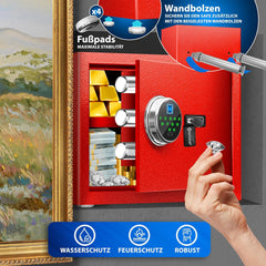 KESSER® Elektrische kluis met vingerafdruk en sleutel S, inclusief noodaccu, elektronische kluis, 3x dubbele boutvergrendeling, vloer wandkluis, meubelkluis, pantserkast met cijferslot, rood