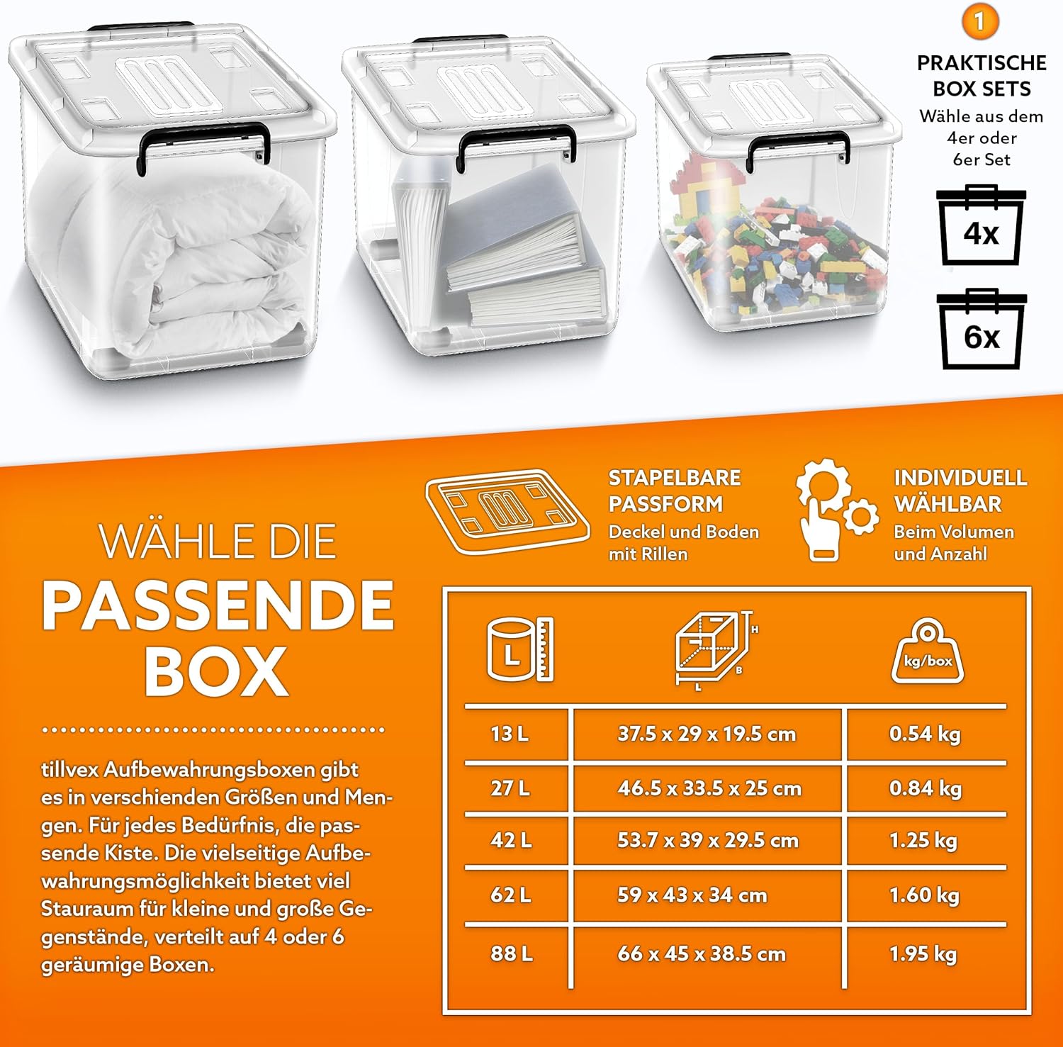 tillvex Opbergdozen met deksel, geschikt voor levensmiddelen, kunststof boxen, stapelbaar, opbergsysteem, grote opbergdoos, kledingdozen, 100% nieuw materiaal (set van 4, 27 liter)