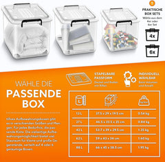 tillvex® Opbergdozen met deksel, set van 6, 13 liter, geschikt voor levensmiddelen, kunststof stapelbaar, grote opbergdoos, kledingdozen, 100% nieuw materiaal