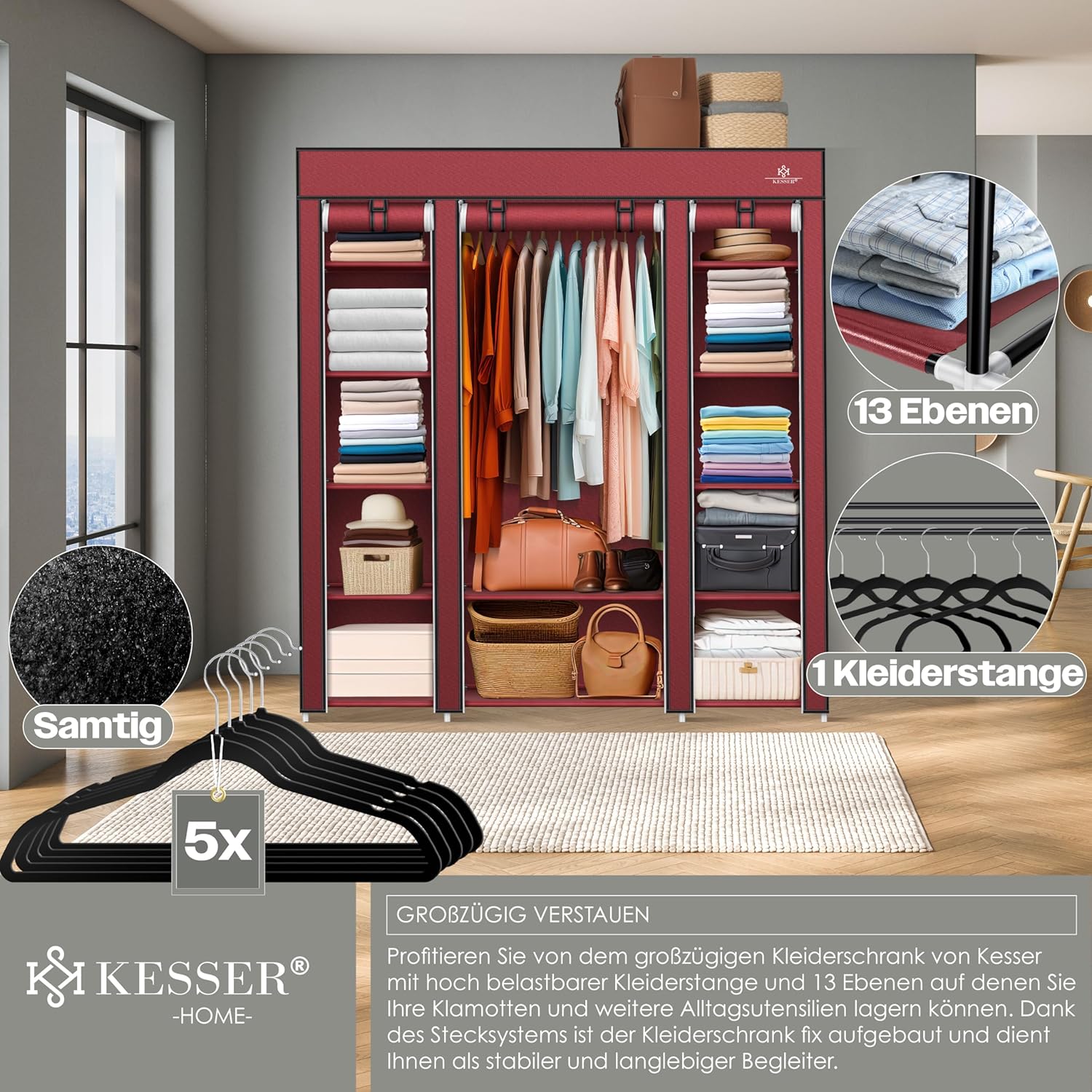 KESSER® Kledingkast stoffen kast stabiel met kledingstang en planken, incl. 5x kleerhangers, stoffen vouwkast voor slaapkamer, kleedkamer garderobe met kledingrek 150x45x175cm Bordeaux rood