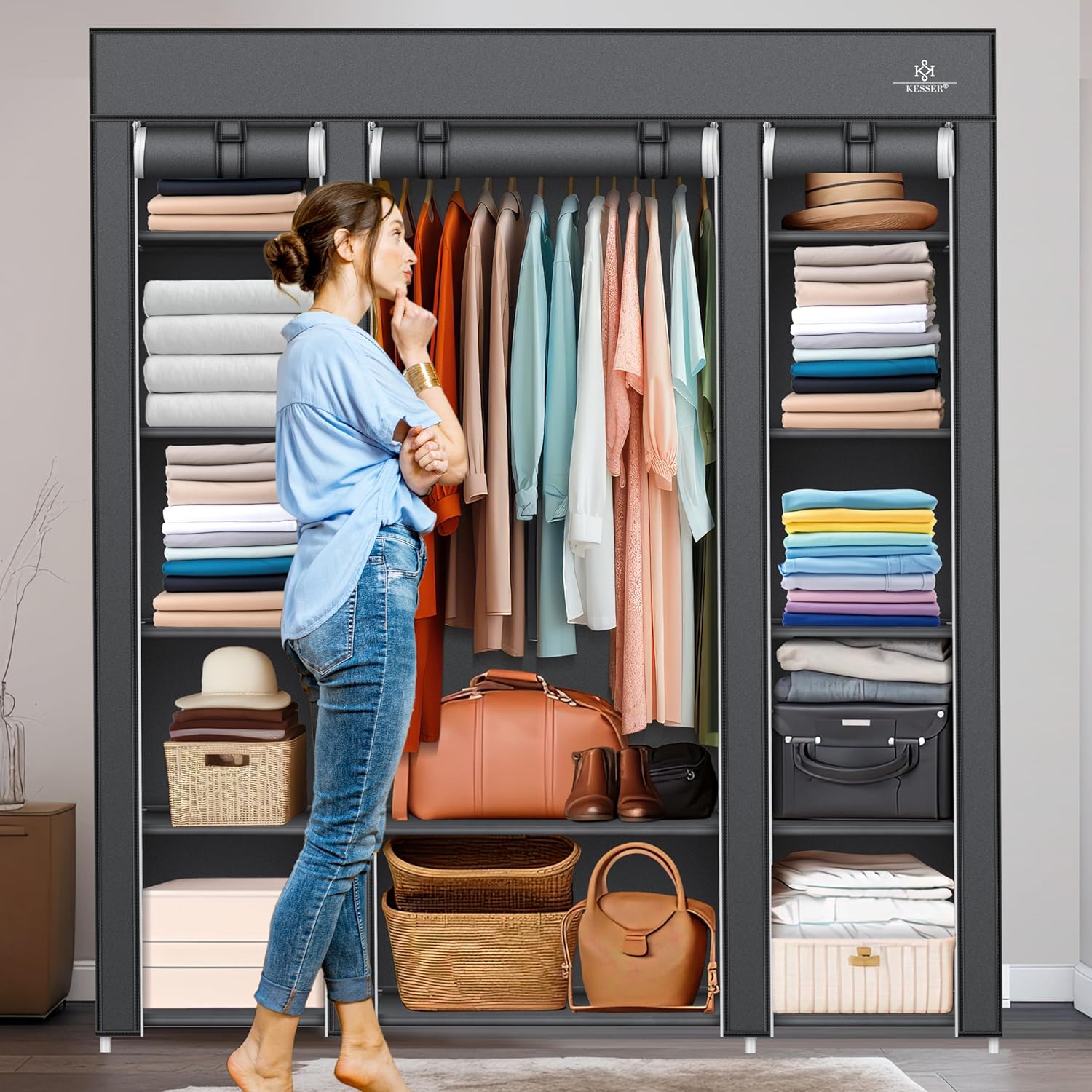 KESSER® Kledingkast stoffen kast stabiel met kledingstang en planken, incl. 5 x kleerhangers, stoffen vouwkast voor slaapkamer, kleedkamer garderobe met kledingrek 150x45x175cm antraciet