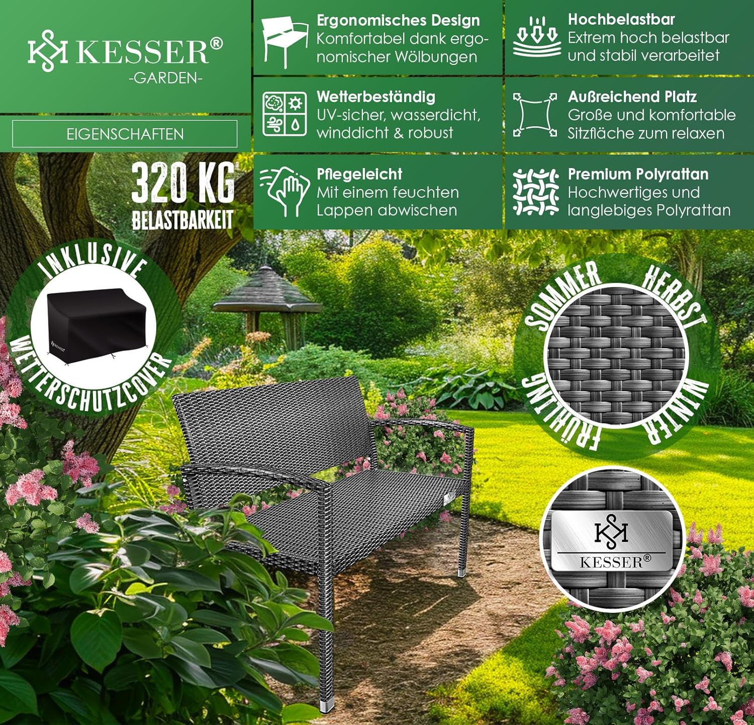 KESSER® Tuinbank, polyrotan, 2-zits, weerbestendig, uv-bestendig, tot 320 kg belastbaar, balkonbank, 125 x 62 x 90 cm, tuinmeubelen met cover en ergonomische armleuningen voor 2 personen, antraciet