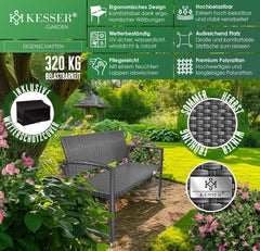 KESSER® Tuinbank, polyrotan, 2-zits, weerbestendig, uv-bestendig, tot 320 kg belastbaar, balkonbank, 125 x 62 x 90 cm, tuinmeubelen met cover en ergonomische armleuningen voor 2 personen, antraciet