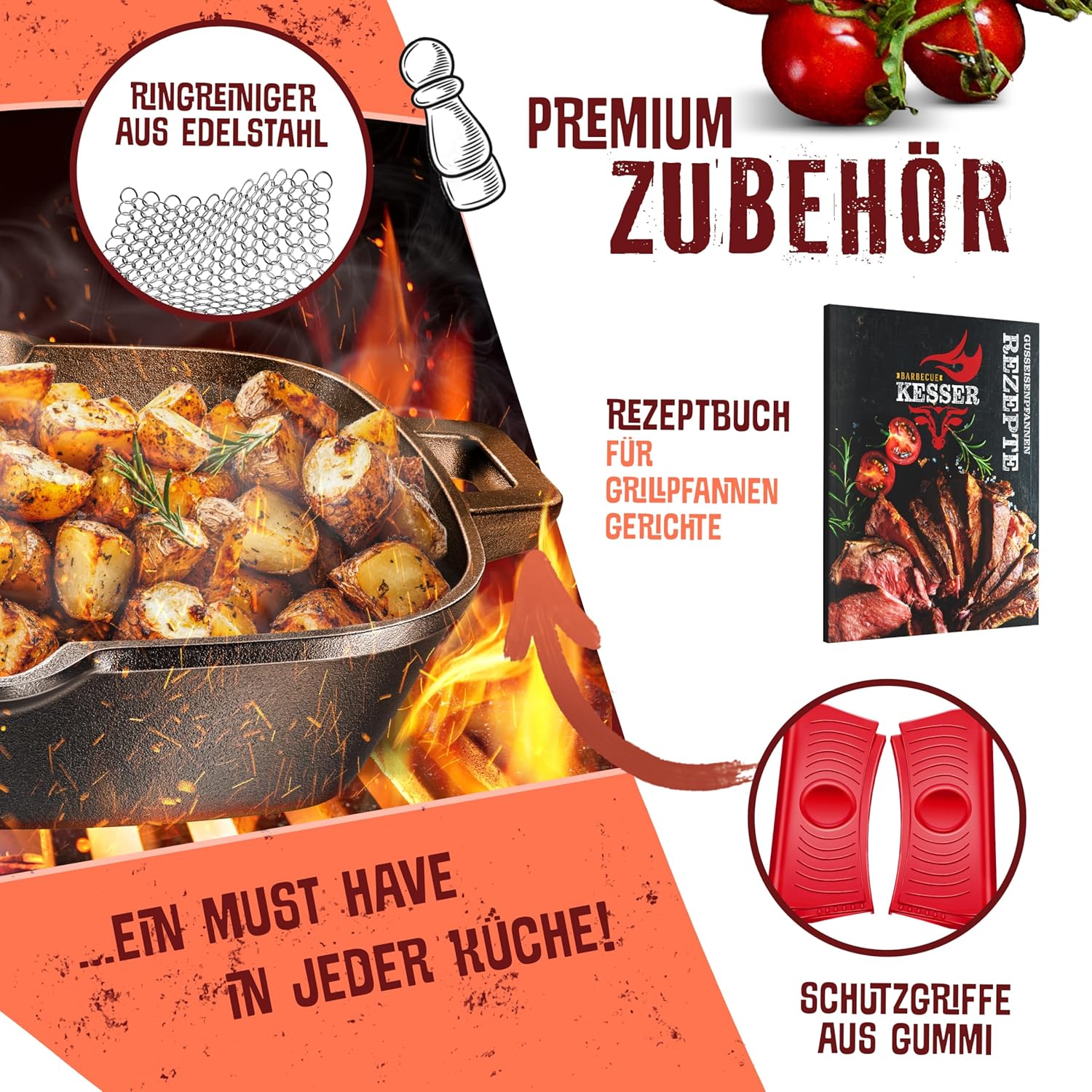 KESSER® Gietijzeren grillpan, inductie, 30 cm, gietijzeren pan, braadpan, gietijzeren pan voor gasgrill, oven, kolengrill, steakpan, incl. beschermende handgrepen, receptenboek en ringreiniger