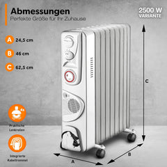 Olieradiator - 2500W Heater - Elektrische kachel - met Thermostaat - Wit - TRESKO®