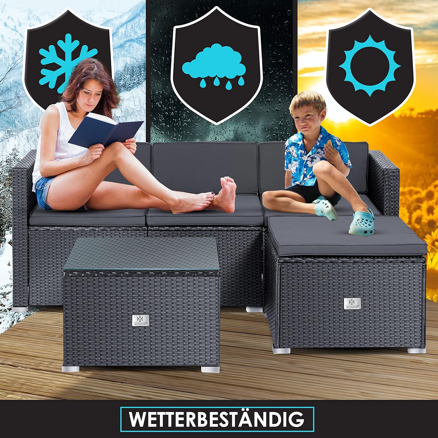 KESSER® Loungeset Polyrotan - 3-zitplaatsen - 3-4 personen - Antraciet