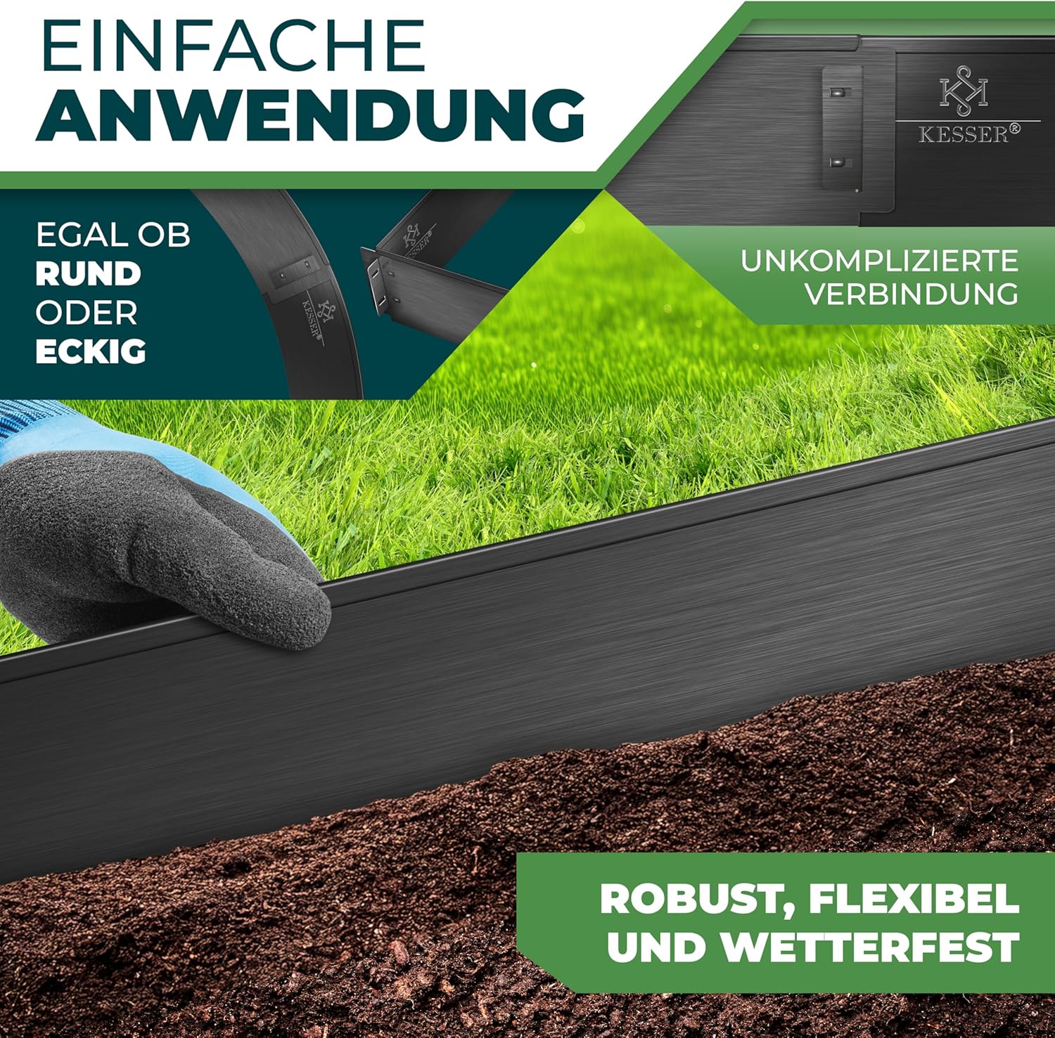 KESSER® Gazonrand - Tuinrand - 5 stuks - 100x18cm - Zwart •