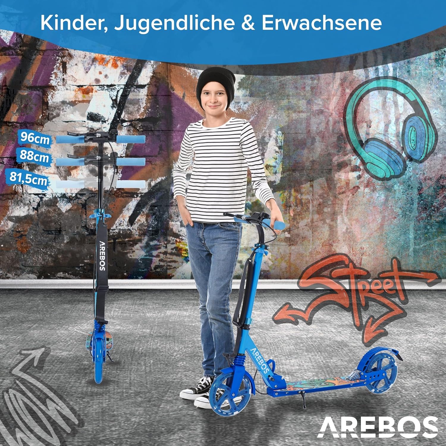 Kinderstep - LED Wielen - Verstelbaar - Vouwbaar - Blauw - Arebos