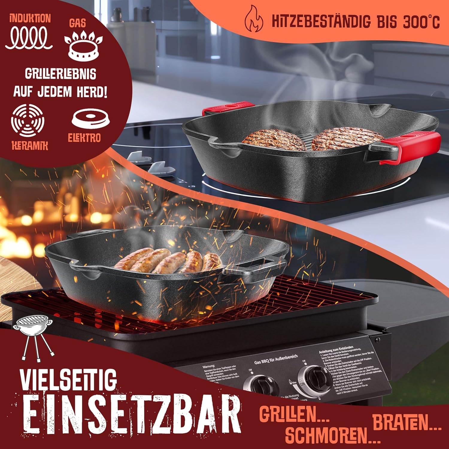 KESSER® Gietijzeren grillpan, inductie, 30 cm, gietijzeren pan, braadpan, gietijzeren pan voor gasgrill, oven, kolengrill, steakpan, incl. beschermende handgrepen, receptenboek en ringreiniger