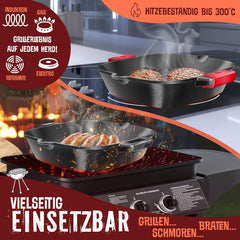 KESSER® Gietijzeren grillpan, inductie, 30 cm, gietijzeren pan, braadpan, gietijzeren pan voor gasgrill, oven, kolengrill, steakpan, incl. beschermende handgrepen, receptenboek en ringreiniger