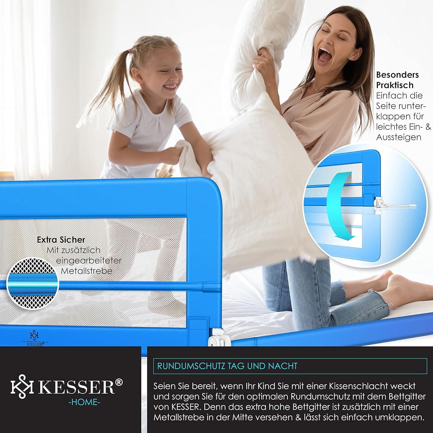 KESSER® Bedhek, 200 cm, bedhek, kinderbedhek, kinderbedhek, inklapbaar, draagbaar, kinderbedbeschermingshek, valbeveiliging, bed en ouderbed hoog: 42 cm, blauw